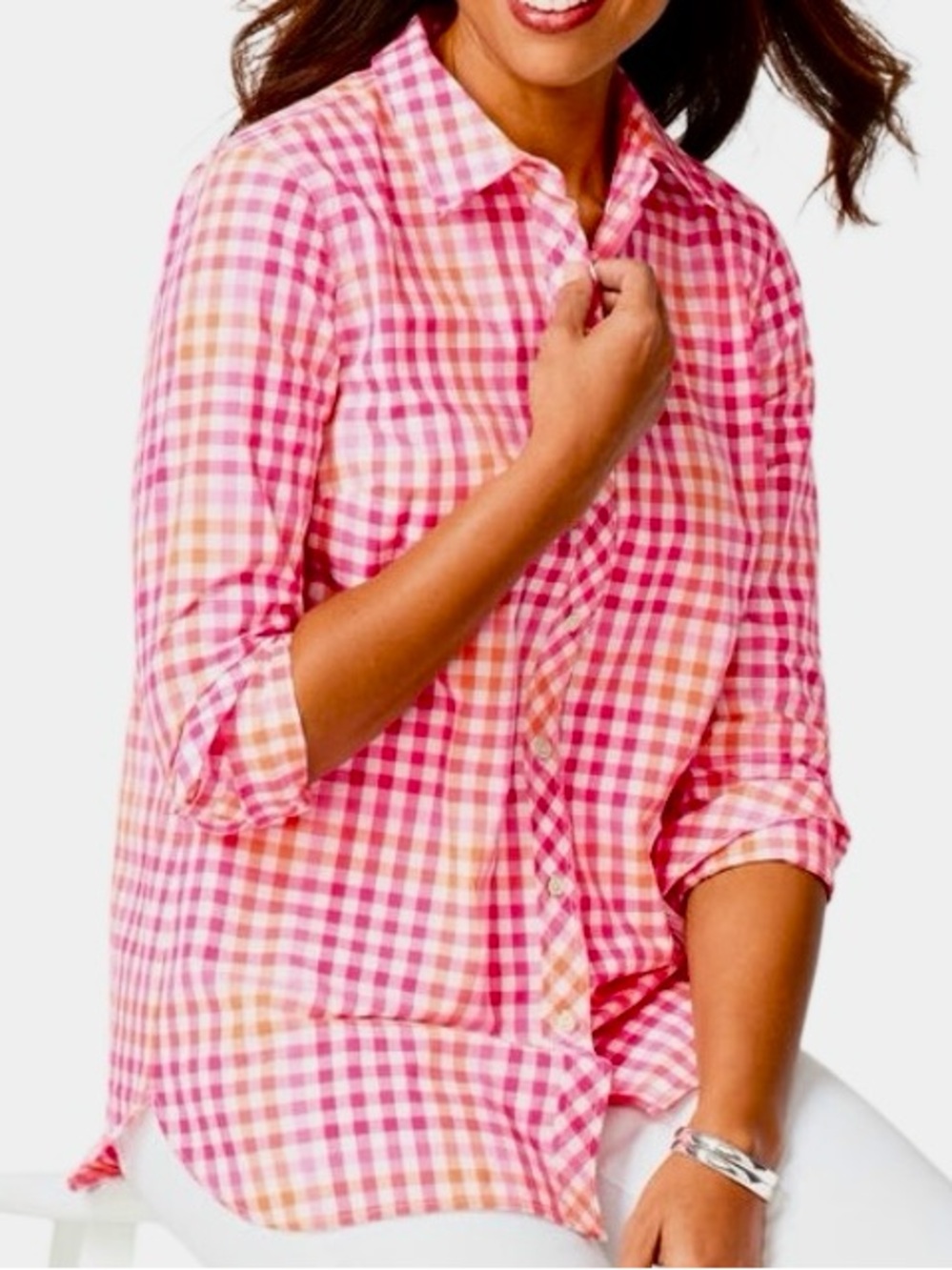 Talbots Classic Cotton Gingham Shirt in Pink/Orange Womens S